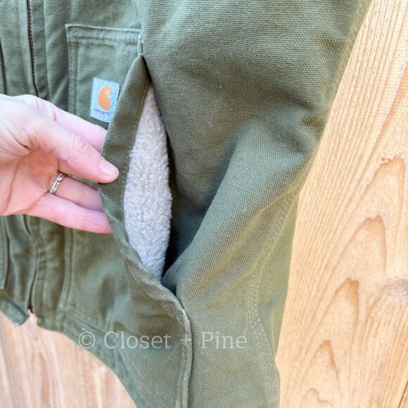 Carhartt Sandstone Washed Duck Sherpa Lined Vest Size Medium Green - Picture 10 of 17